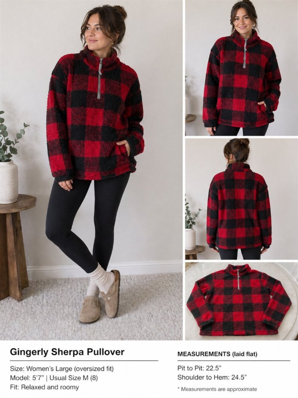 Gingerly Sherpa Pullover Buffalo Plaid Red Black L XL